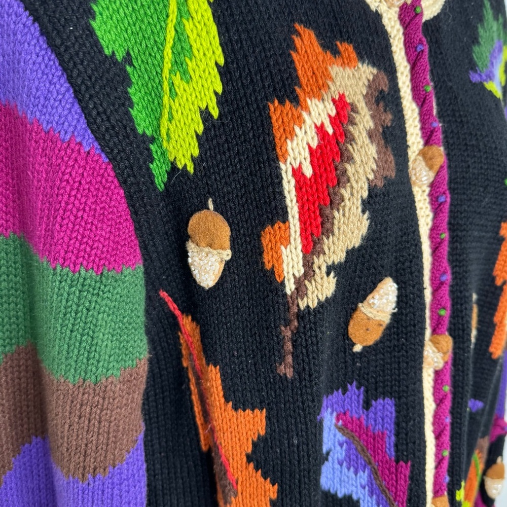 Storybook Knits Black Fall Cardigan with Vibrant Colors and Ornate Details Med - Picture 5 of 10